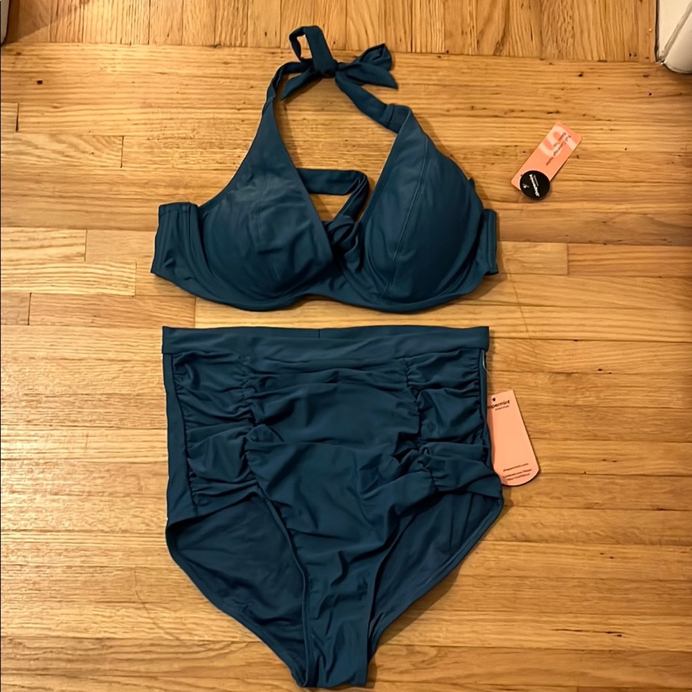 Shapermint Blue Bikini Set with Halter Top and High-Waisted Bottom